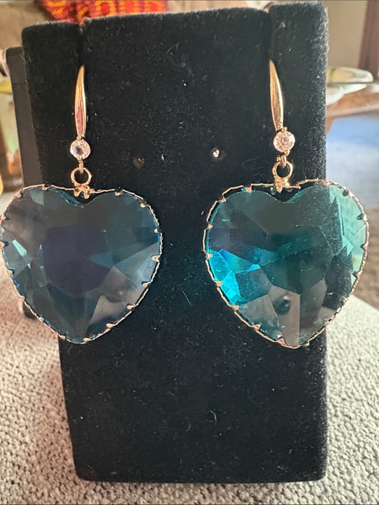 Jewelry - Gold Heart Drop Earrings with Teal Crystal